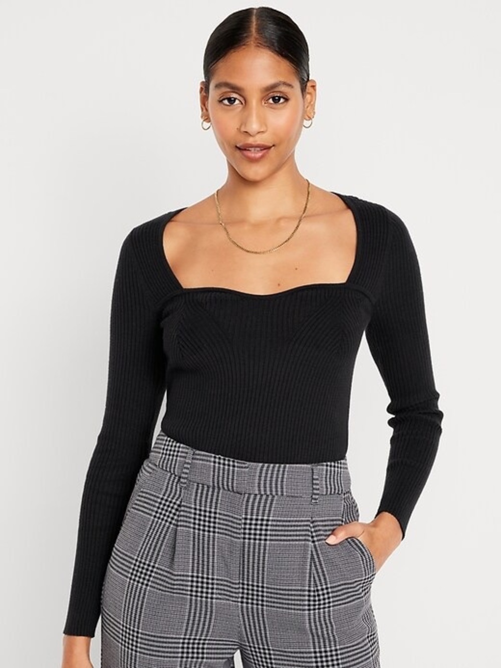 NWT Old Navy Black Ribbed Long Sleeve Sweetheart Neck Top Fitted Sweater Knit